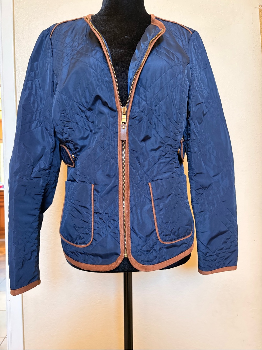 Charter Club Navy Quilted Barn Jacket with Brown Trim
